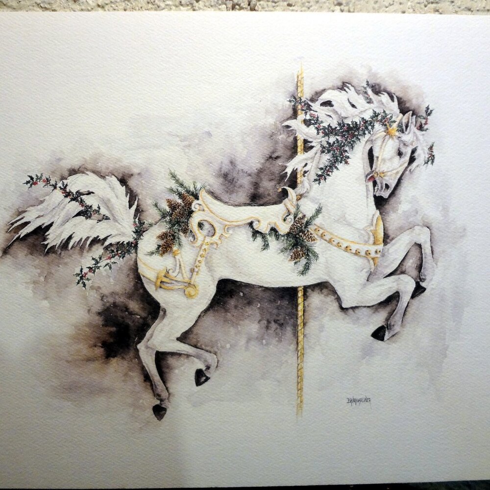 Baumgardner Watercolor Christmas Holly Carousel Horse Painting (unframed)
